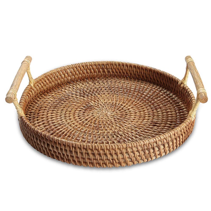 YIWEN Rattan Woven Round Basket, Round Rattan Woven Serving Tray with Handles for Bread Fruit Vegetables, Restaurant Serving & Tabletop Display Baskets (8.7", 1pc) - Image 1